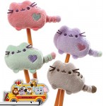 Gund Pusheen the Cat 4 Pencil Toppers 2H Plush Pastel Pink Purple Green and Grey Set with Back to School Bus Animal Sticker  B0746T7QW9